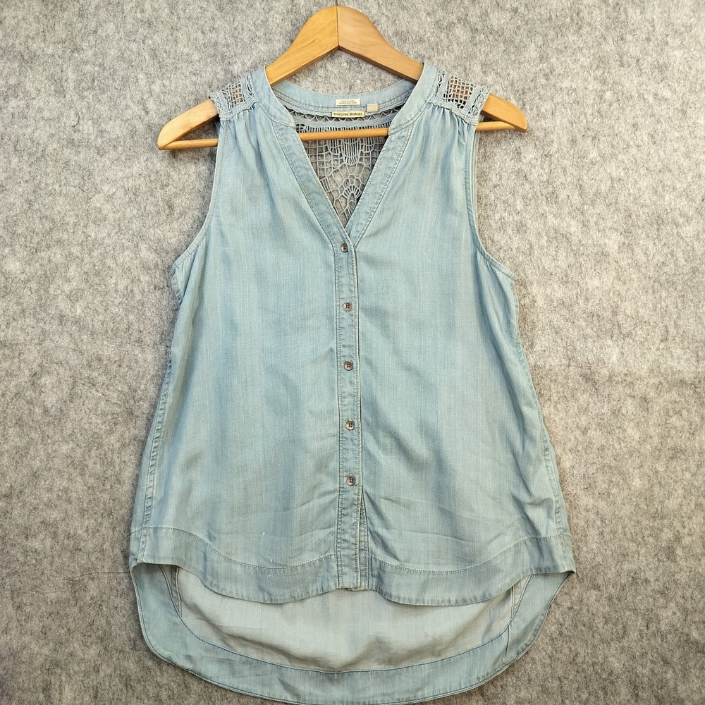 Holding Horses Chambray Top Womens 2 Crochet Lace Back Boho Light Blue Hi Low